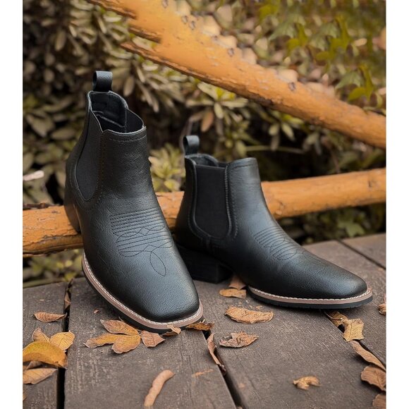 Men\'s Black Square Toe Chelsea Boots Western Ankle Boot Slip On Casual Boot main image 4